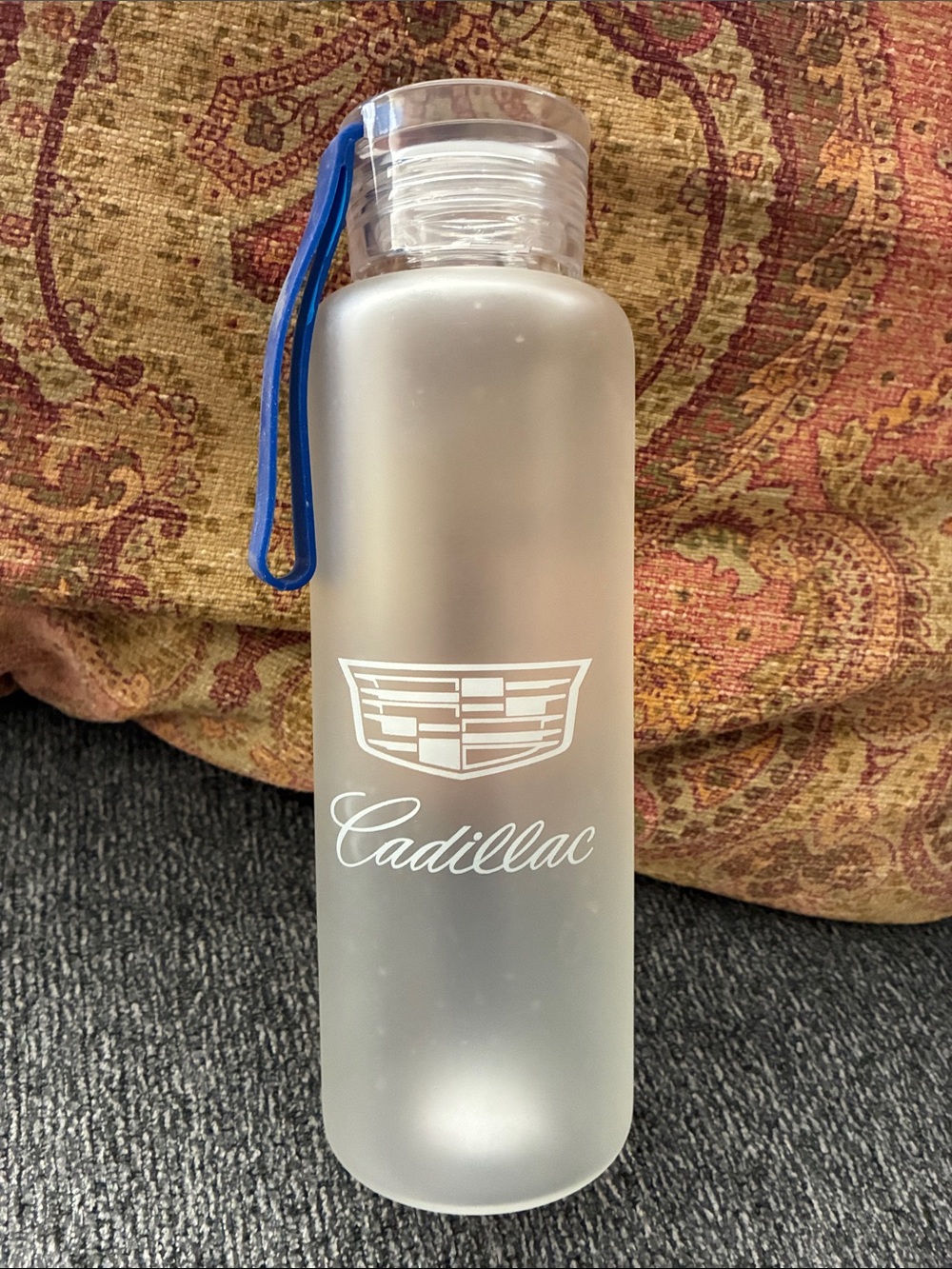 Cadillac Frosted Glass Water Bottle with Blue Carry Strap